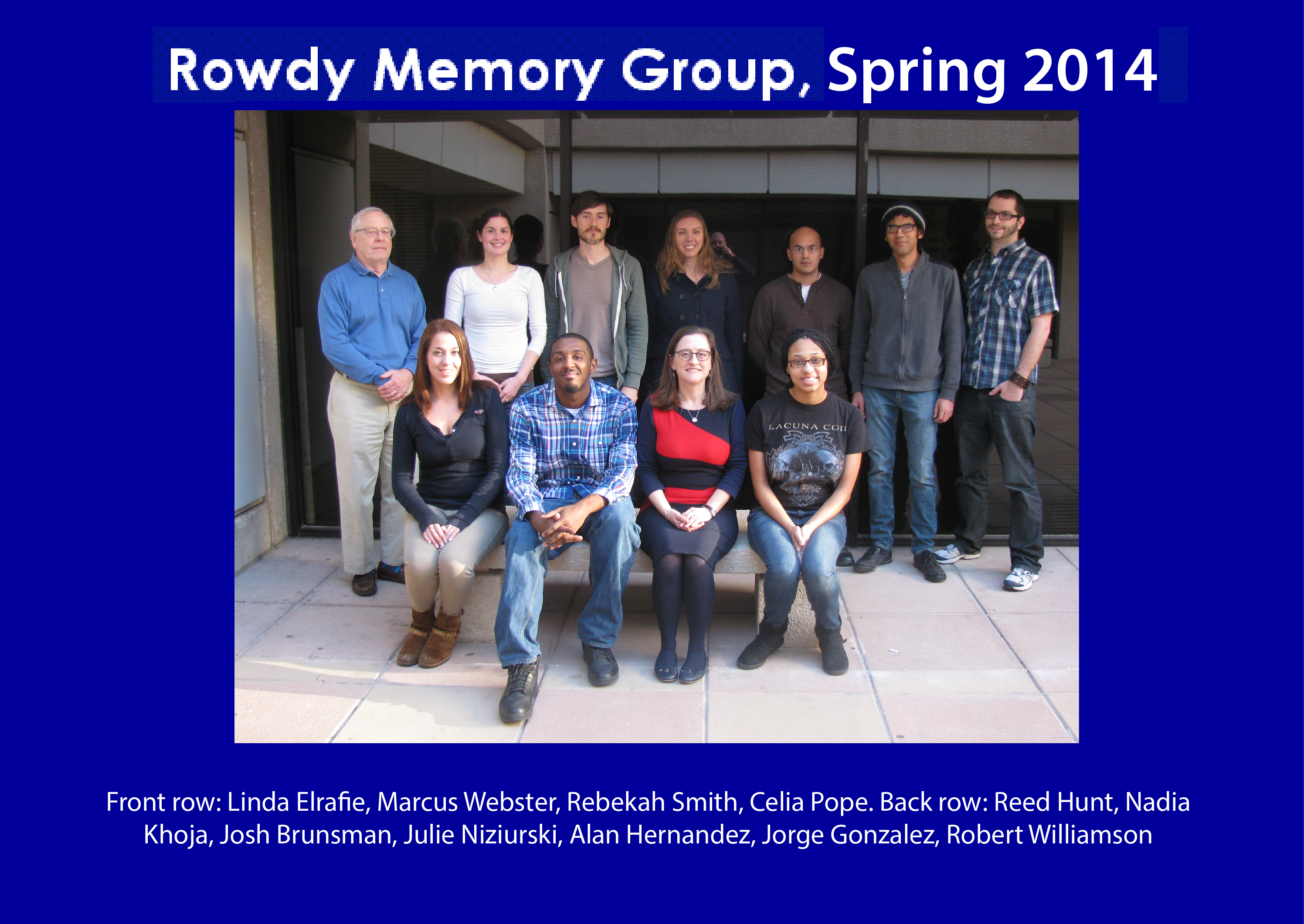 Text Box: Rowdy Memory Group, Spring 2013
 
 
 Katrina Presswood, Reed Hunt, Bridget Miller, Nadia Khoja, Julie Niziurski, Gabriel Tellez, Brandon Nelson, Harvir Virk
  Rebekah Smith, Sheila Meldrum,  Chelsea Clemmons . Not pictured: Sara Madrigal
