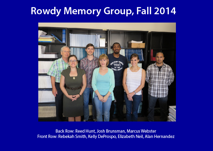 Text Box: Rowdy Memory Group, Spring 2013
 
 
 Katrina Presswood, Reed Hunt, Bridget Miller, Nadia Khoja, Julie Niziurski, Gabriel Tellez, Brandon Nelson, Harvir Virk
  Rebekah Smith, Sheila Meldrum,  Chelsea Clemmons . Not pictured: Sara Madrigal
