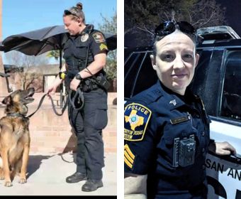 two photos of Sargent Molly Ralph - first she is looking down at a police dog while holding a leash outside, second - she is looking straight into camera, outside with sunglasses pushed back posing in front of police vehicle.