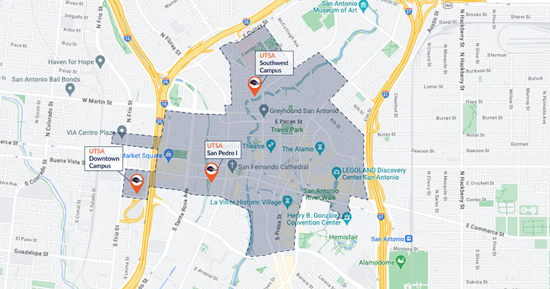 dynamic route map picture of downtown san antonio depicting location markers for downtown campus, San Pedro I and Southwest Campus