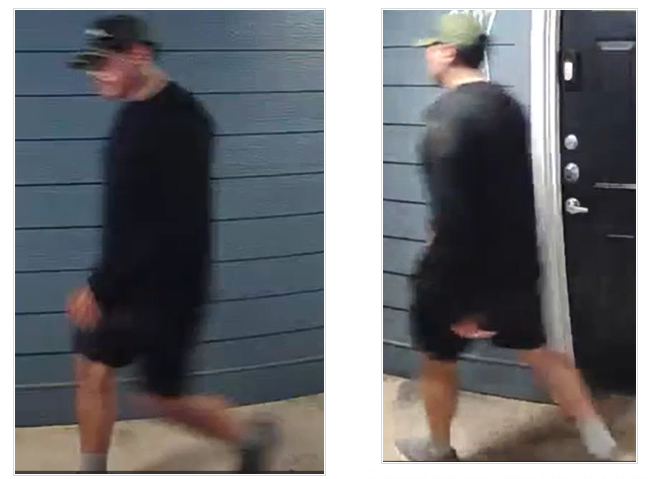 Person of interest 11-04-2024 - White male wearing black shirt and dark glasses and long shorts walking near apartment building.