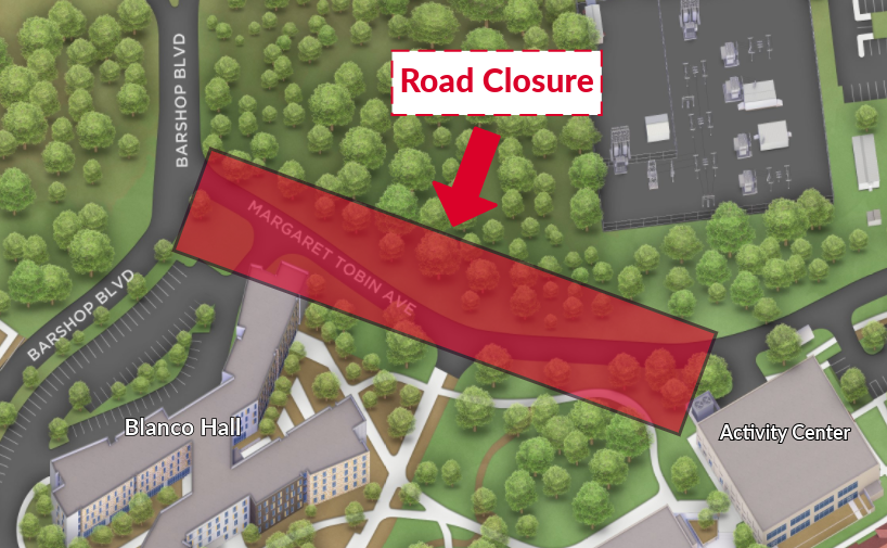 Map indicating section of tobin avenue partial closure in red rectangle color..