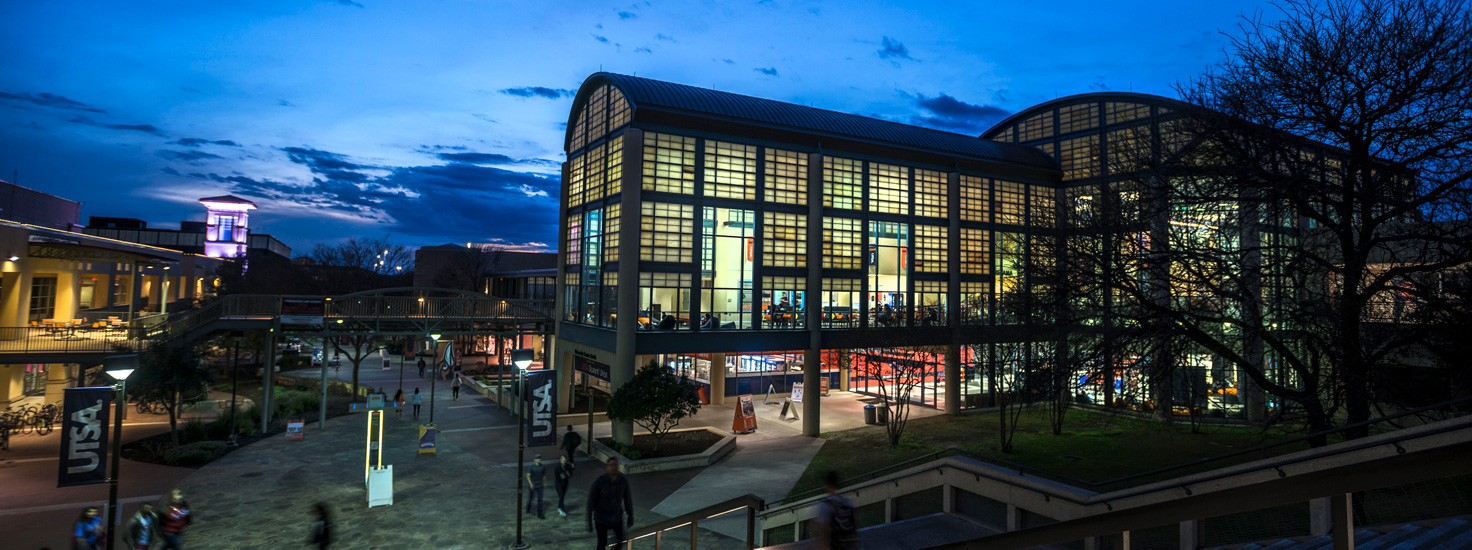Front view of the student union at night