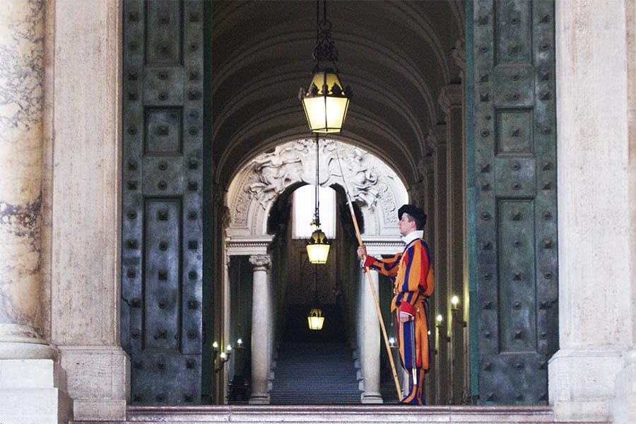 A Swiss Guard stands on duty in Vatican City.