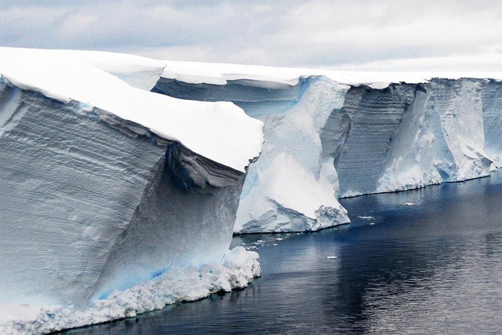 A layered iceberg in Antarctica.