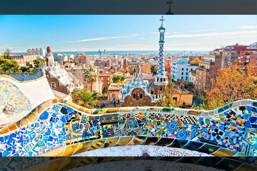 Barcelona, Spain's public Park Güell, as seen from atop one of its buildings, designed by famed artist Antonio Gaudí.