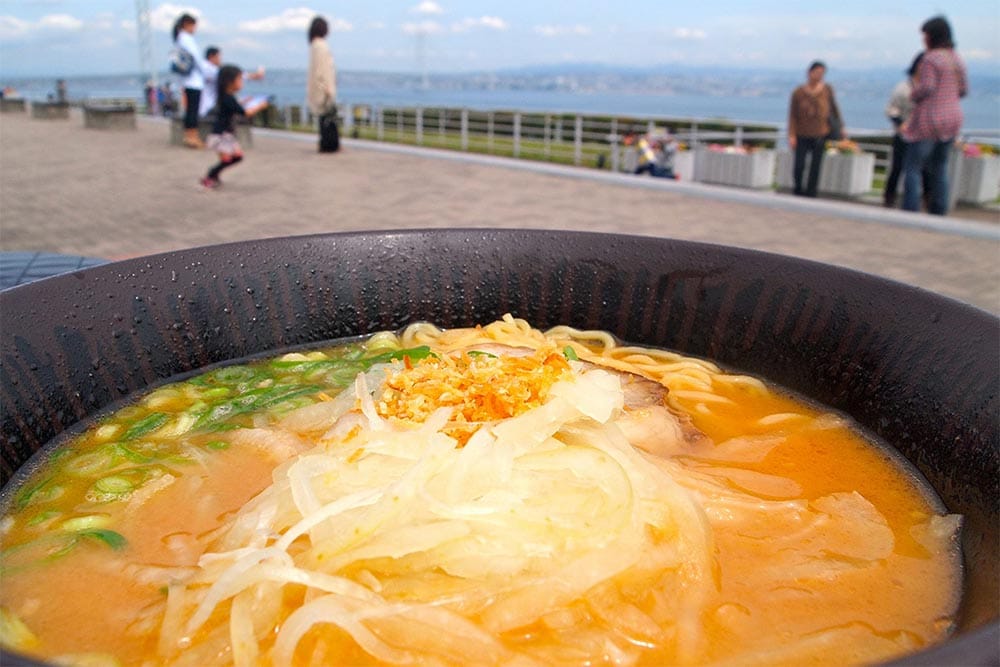 A bowl of freshly made ramen is served up at a sidewalk café in the seaside city of Tokushima, Japan.