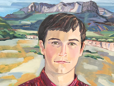 Dudics’ portrait of her son painted in front of West Texas mountain peak El Capitan.