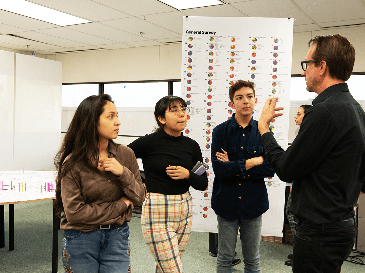 Architecture professor and director of the Urban Future Lab Antonio Petrov speaks with his students about finalizing the setup of their project.