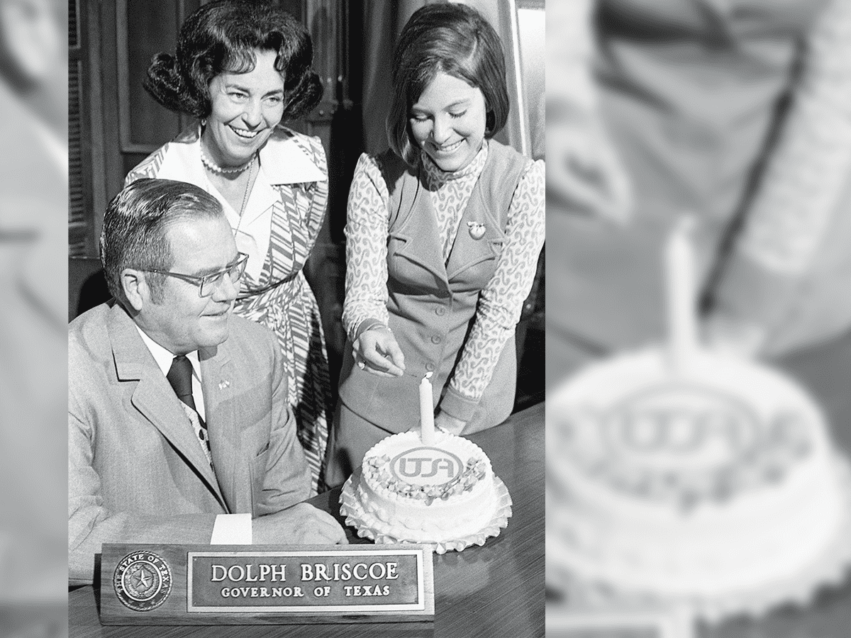 Tholen goes to Austin on June 5, 1974, to celebrate UTSA’s birthday with Gov. Dolph Briscoe and wife Janey Briscoe.