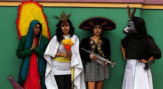 Detail from Becoming the Spectacle: The Virgen de Guadalupe, Aztec Goddess, the Mariachi, and the Donkey Lady, 2011.