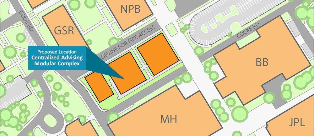 Proposed location of the student success module, between the NPB and MH buildings on main campus.