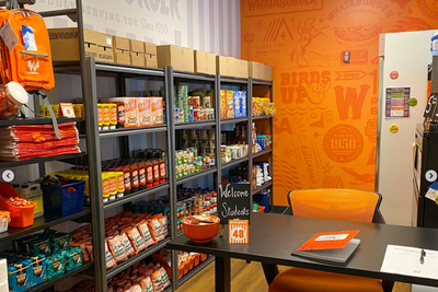 shelves of food and the desk at the Downtown pantry