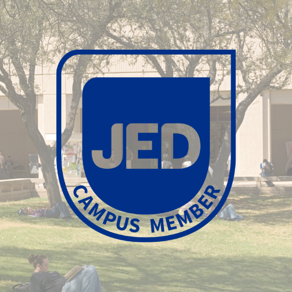 JED blue logo shaped like a shield overlaid on a photo of the UTSA campus