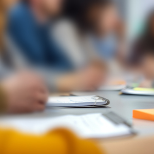 Closeup of a hand taking notes. There are many people blurry in the background talking.