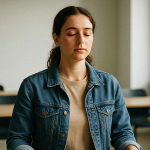 Student meditating with their eyes closed in a classroom.