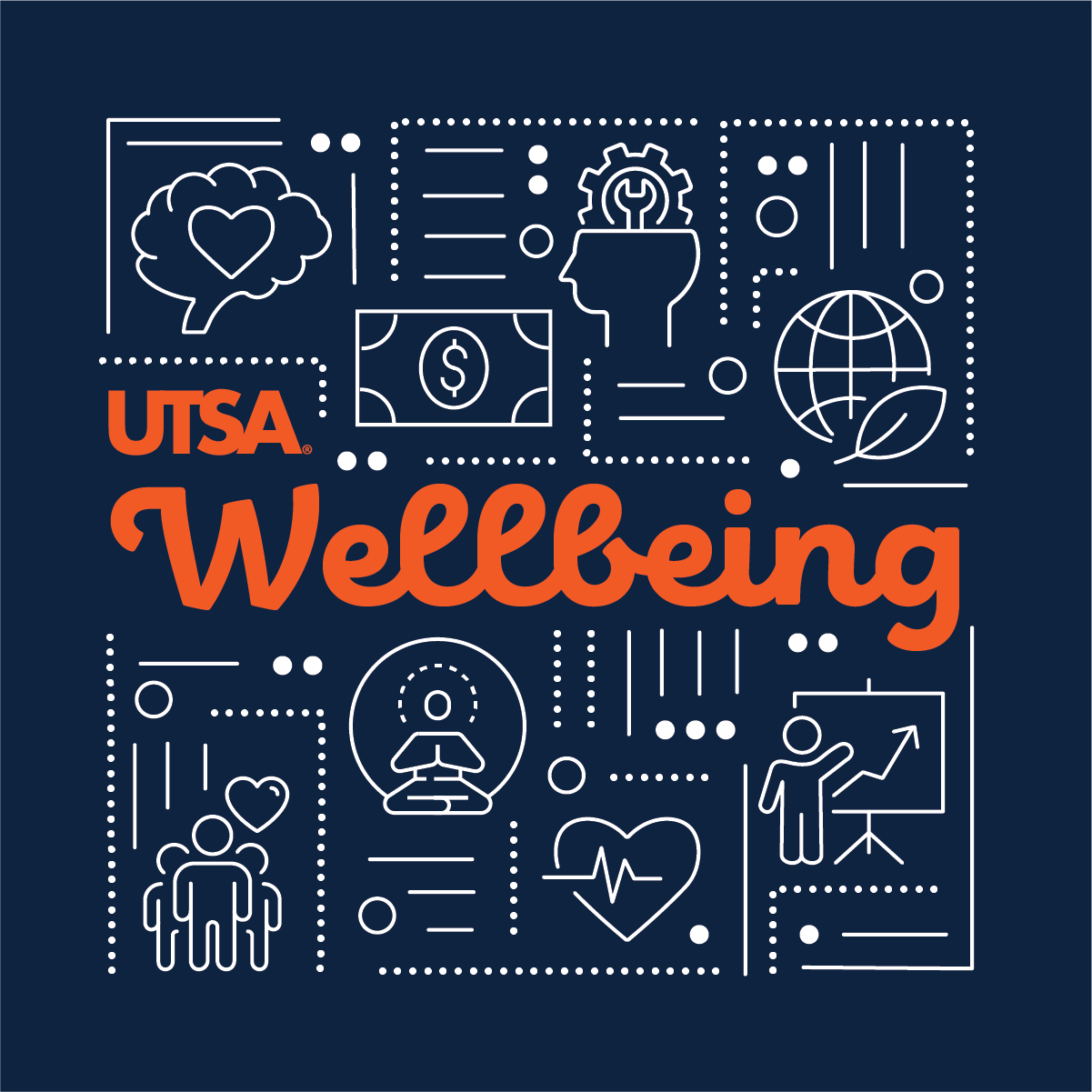 UTSA Wellbeing - with icons representing eight dimensions of wellbing