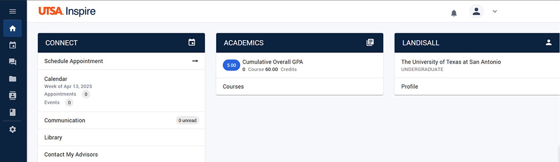 screenshot of student success inspire dashboard for students