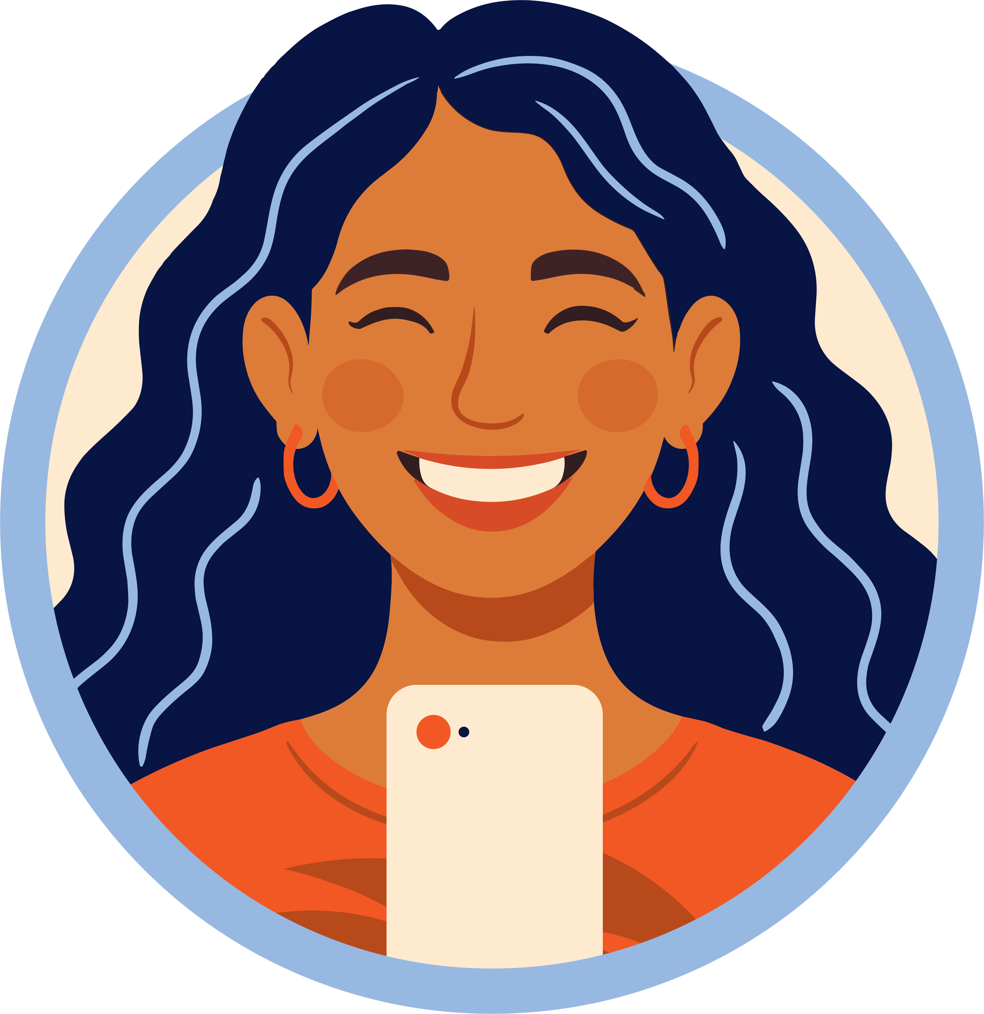 Woman smiling with eyes closed wearing an orange shirt with blue hair