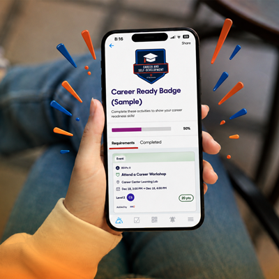 Person holding a phone showing the Career Ready Badge