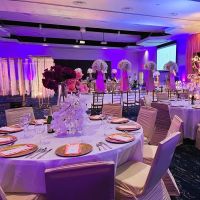 Ballroom decorated for a wedding.