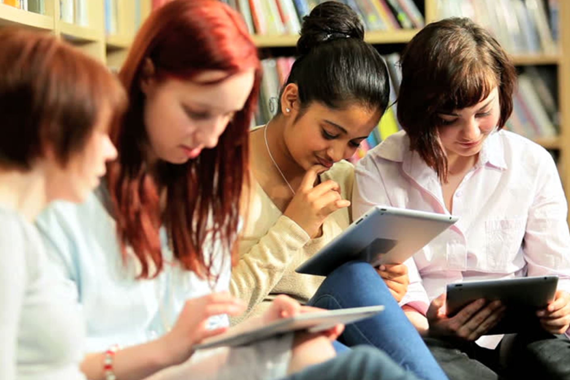 students in library