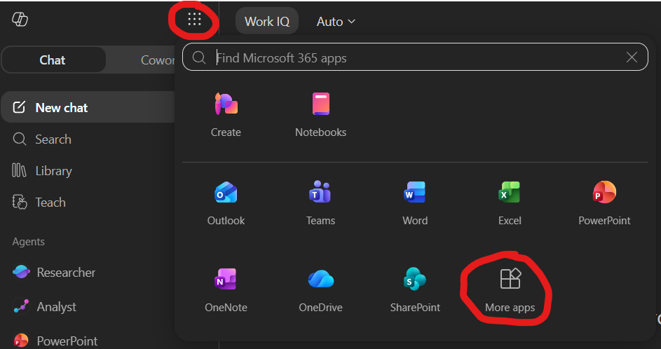 o365 waffle icon and more apps button screenshot