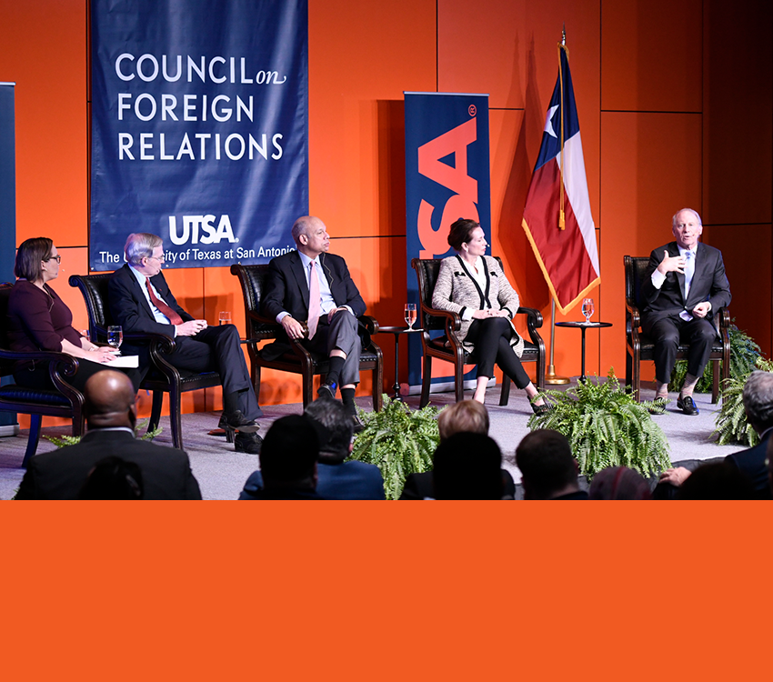 Members of the nonpartisan discussion about current foreign policy challenges are moderator Margaret E. Talev, Stephen Hadley, Jeh Charles Johnson, Mary Beth Long and Richard Haass.
