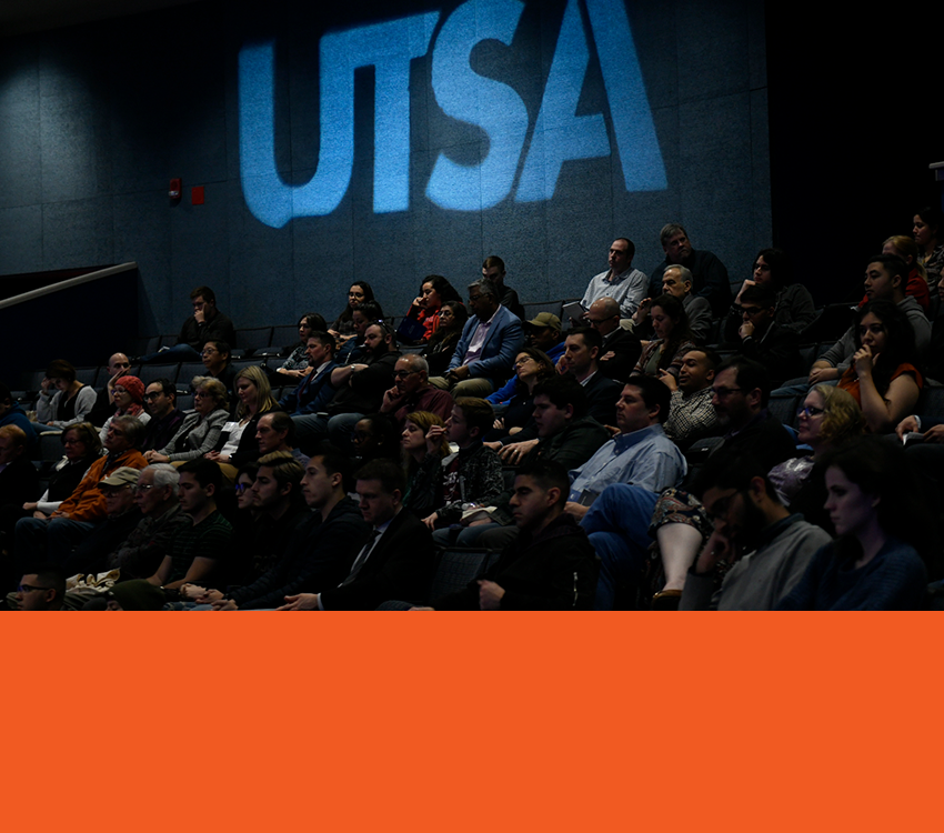 UTSA students, faculty, staff and members of the community listen to the discussion.