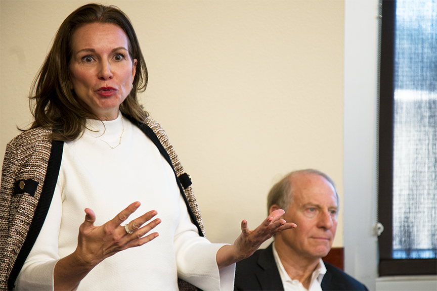 Mary Beth Long speaks with UTSA students