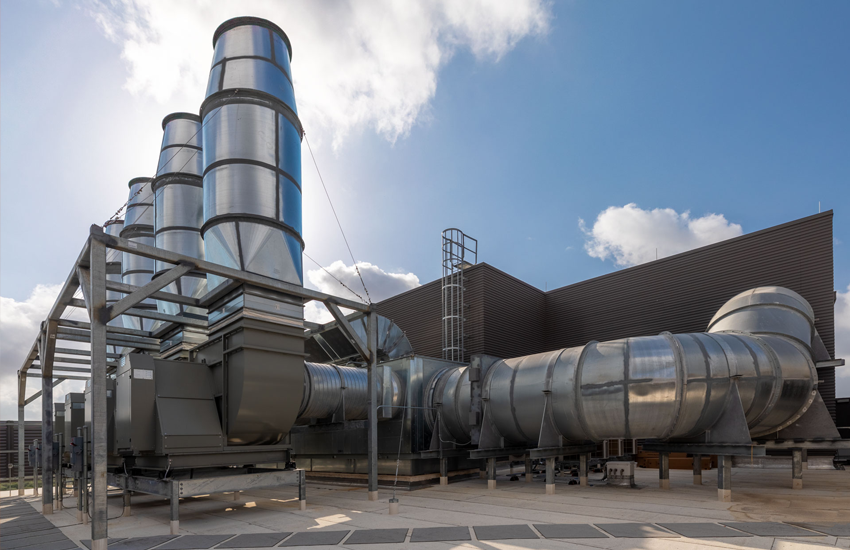 Exhaust stacks on the exterior of the SEB