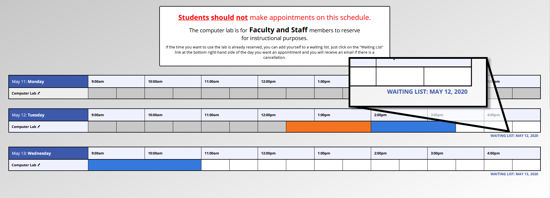 Computer Lab Schedule with the 'Waiting List' link magnified for emphasis