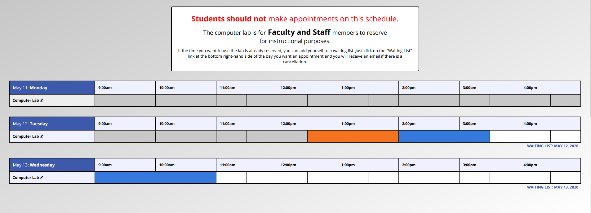WCOnline Calendar showing Your Appointment in orange