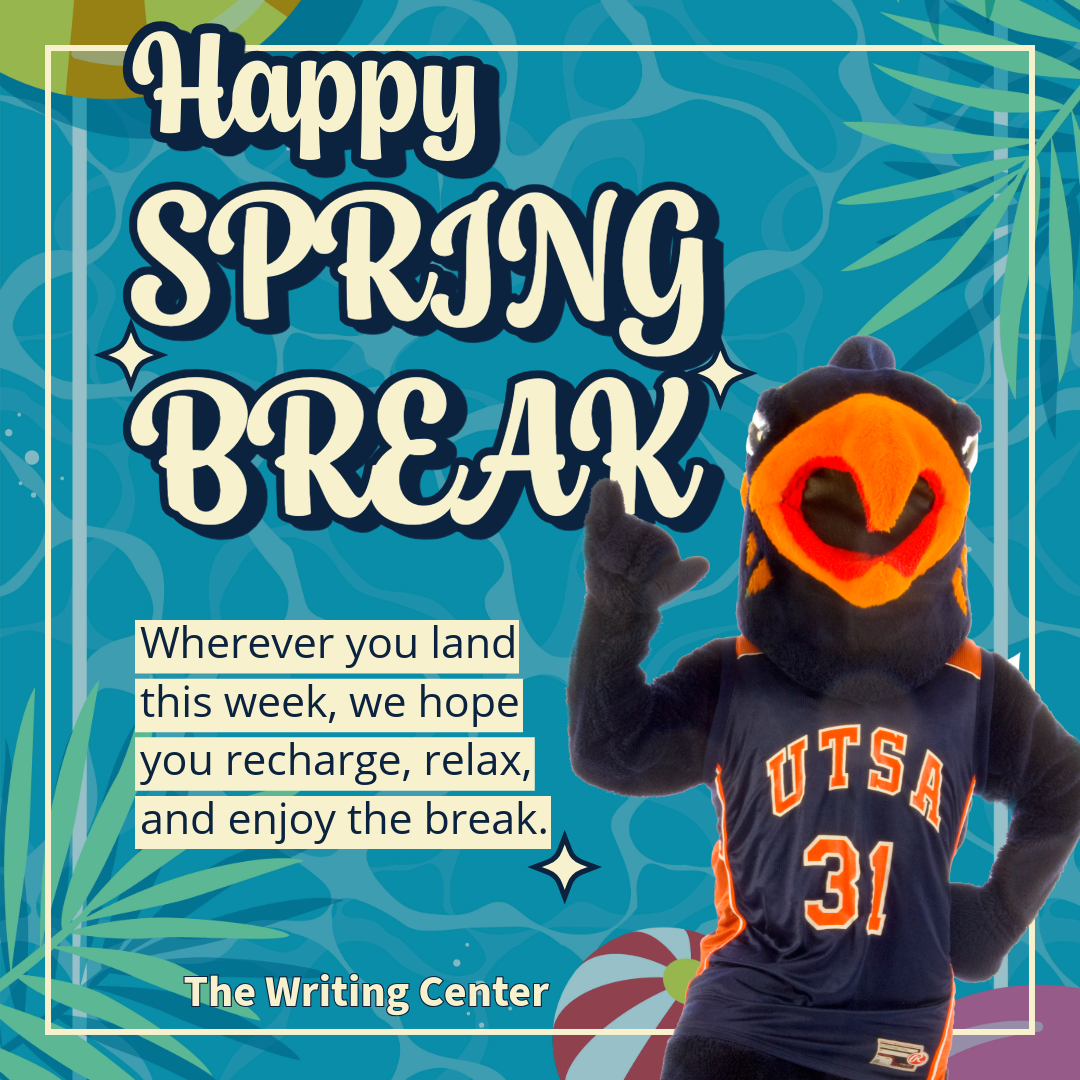 Graphic of Rowdy Roadrunner holding birds-up, with pool water and beach ball background that says: Happy Spring Break. Wherever you land this week, we hope you recharge, relax, and enjoy the break.