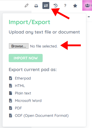 Import/Export Box with red arrow pointing to the 'Browse' button section