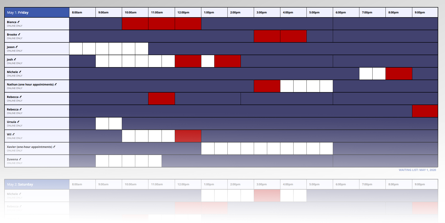 WCOnline Schedule example